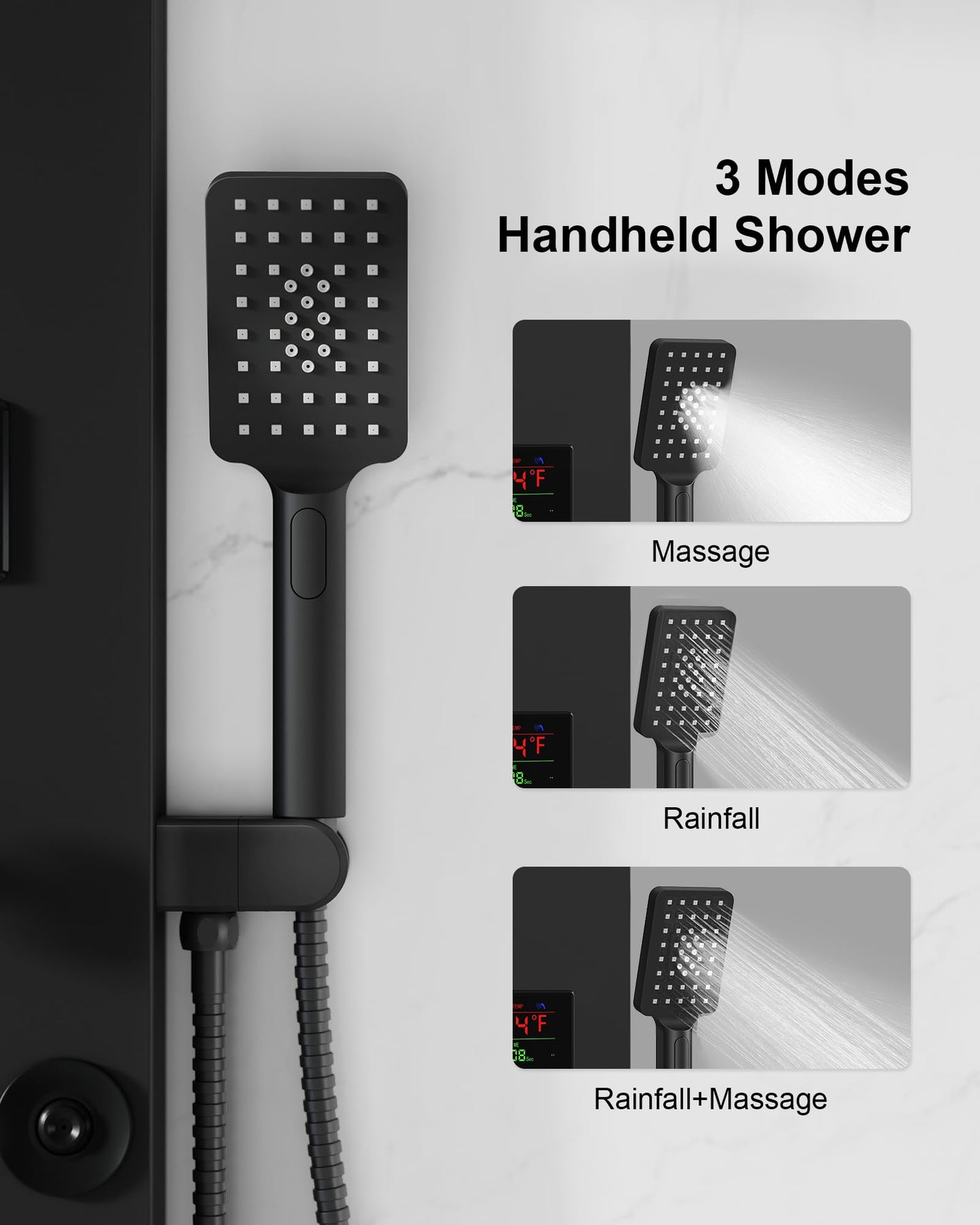 5 In 1 Shower Panel Tower System LED Rain Waterfall Shower Head and Adjustable Massage Body Jets 3 Settings Handheld Head and Tub Spout Stainless Steel Bathroom Panel Matte Black by Homevacious
