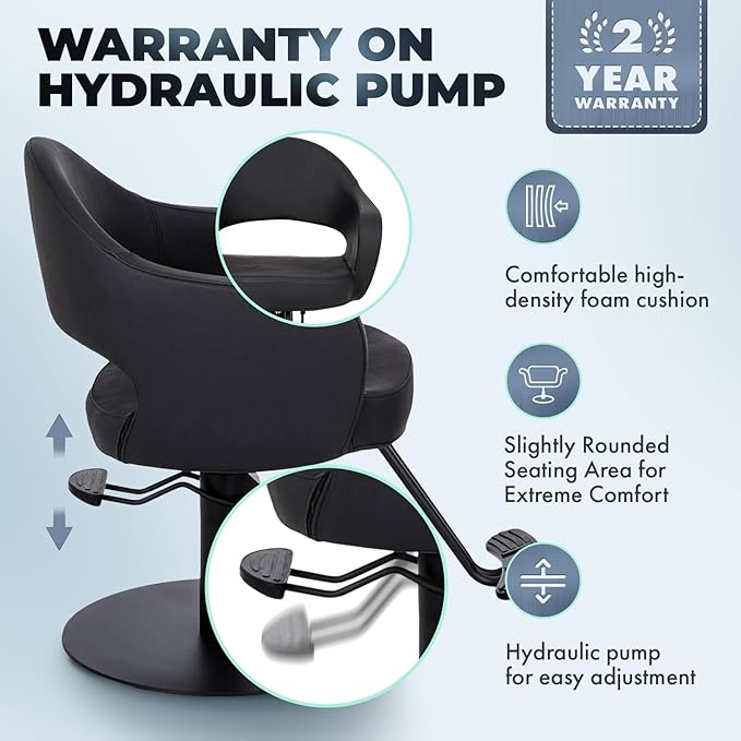 Buy-Rite Cleo Professional Salon Styling Chair & Barber Chair – All Black Vinyl w/Black Stitching, Easy-Clean Crevice-Free Seat, Flat Round Base, Heavy-Duty Build – YLG-376
