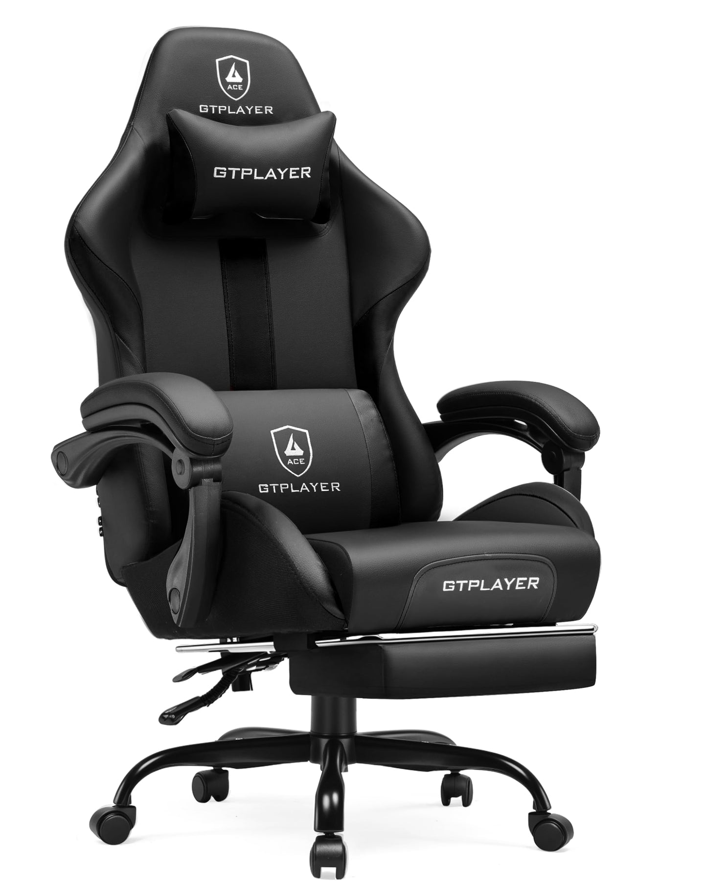 GTPLAYER Gaming Chair with Foot Rest & Pocket Spring Cushion, Ergonomic High Back Computer Chair with Headrest & 360°-Swivel Seat for Home Office Desk, PU Leather, Black
