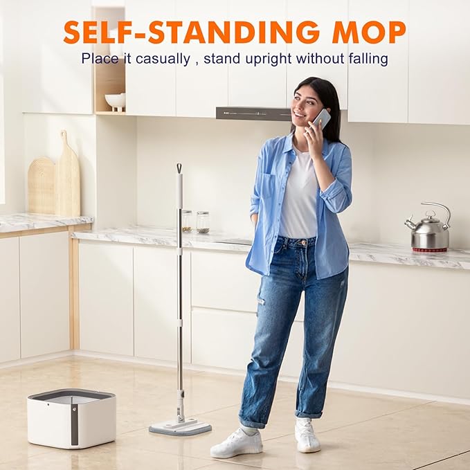 Upgraded Self-Standing Spin Mop and Bucket System, Detachable Inner Mop Bucket Separates Dirty Water & 90° Foldable Head, Triple-Scrub System, 0.9Gal Dual Drainage, for Hardwood Floors (White 6 Pads)