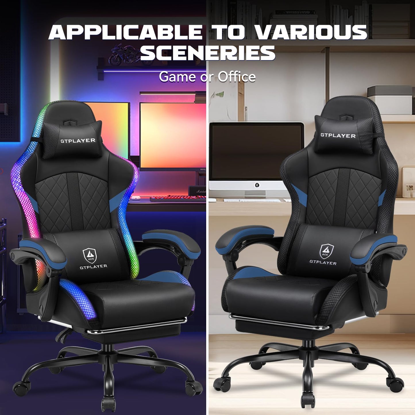 GTPLAYER Gaming Chair with Speakers, Computer Chair with RGB LED Lights, High Back Ergonomic Chair for Adults with Footrest, Reclining Office Chairs, Linkage Armrest, Black Blue