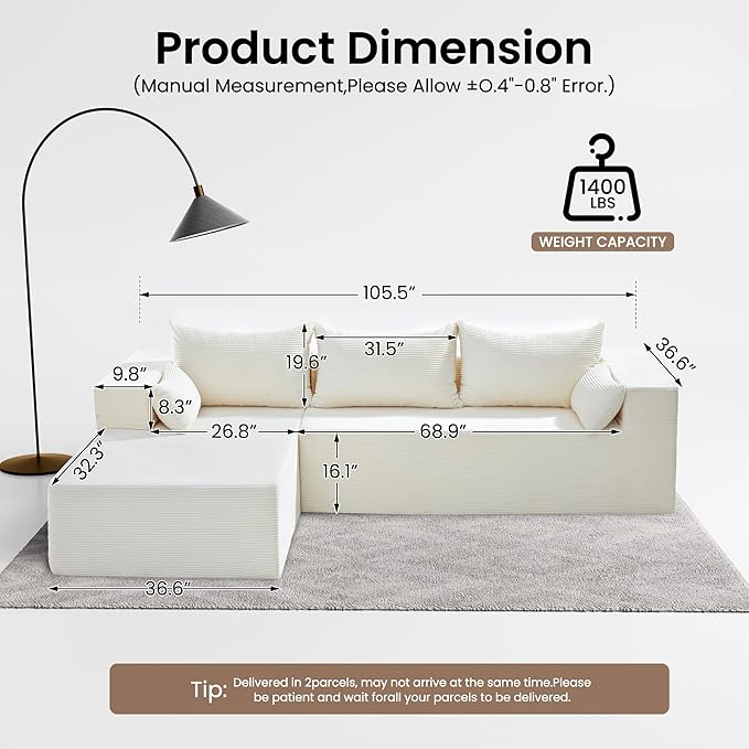 106" Cloud Sectional Boneless Couches for Living Room, Modular L Shaped Couch with Deep Seat Oversized Left Facing Chaise, Memory Foam Compressed Spineless 3 Seater Sofa for Bedroom Apartment, Beige