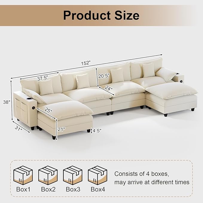 KCGKCG 152" Modular Sectional Sofa, U Shaped Cloud Couch with Movable Ottoman, Chenille Deep Seat Cloud Sofa with Charging Station, Cup Holder, Side Pocket, Sectional Couches for Living Room, Beige