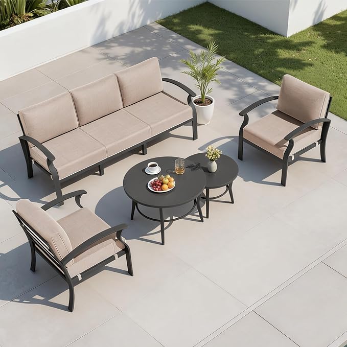 RTDTD Aluminum Outdoor Patio Furniture Set,5 Seats Patio Conversation Sets with 2 Round Coffee Tables,Metal Patio Sectional Furniture Set with 5.1" Thickened Cushions,Sand