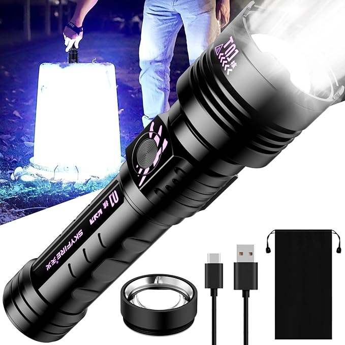 SKYFIRE Rechargeable Flashlights High Lumens: LED Super Bright Flashlight 3000lm Zoomable 5 Modes Tactical Waterproof Powe...
