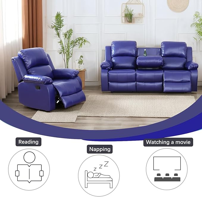A Ainehome Living Room Furniture Set Leather Recliner Sofa Set Loveseat Chair Furniture Sofa Set for Living Room/Small Space/Rv/House/Office/Theater Seating (A-Blue Leather, Sofa+Chairs)