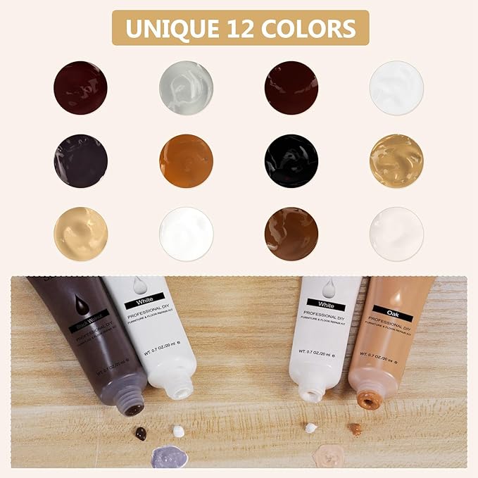 DEWEL Furniture Repair kit, 12 Colors Wood Filler for Scratch Cover, Floor Scratch Remover Stain Marker Set, Touch Up Paint for Wooden Floors Cabinet Tables, Fix Furniture Scratches Cracks Hole