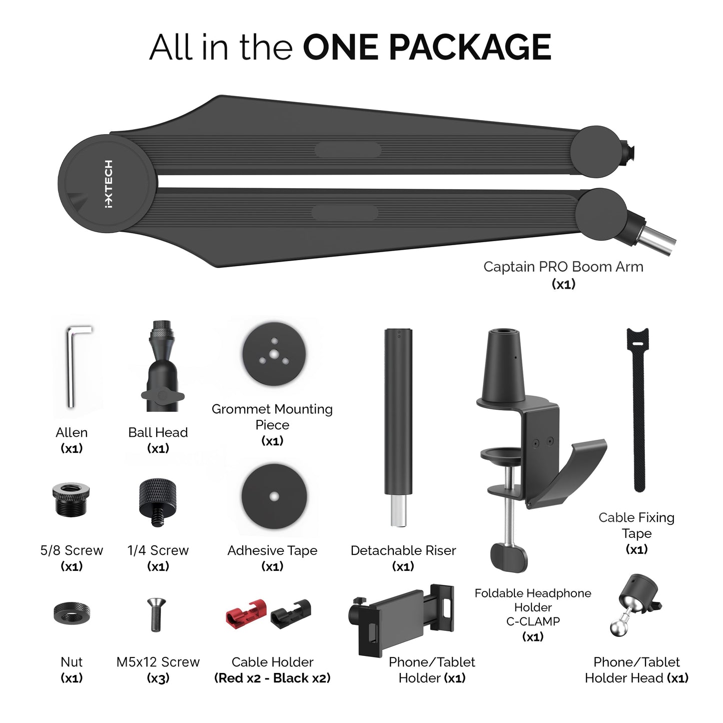IXTECH Mic Boom Arm Microphone Arm for Blue Yeti Shure Sm7b Hyperx QuadCast Rode At2020 and Fifine Upgraded Mic Stand with Tablet and Headphone Holder for Gaming Podcasting and Streaming CAPTAIN PRO
