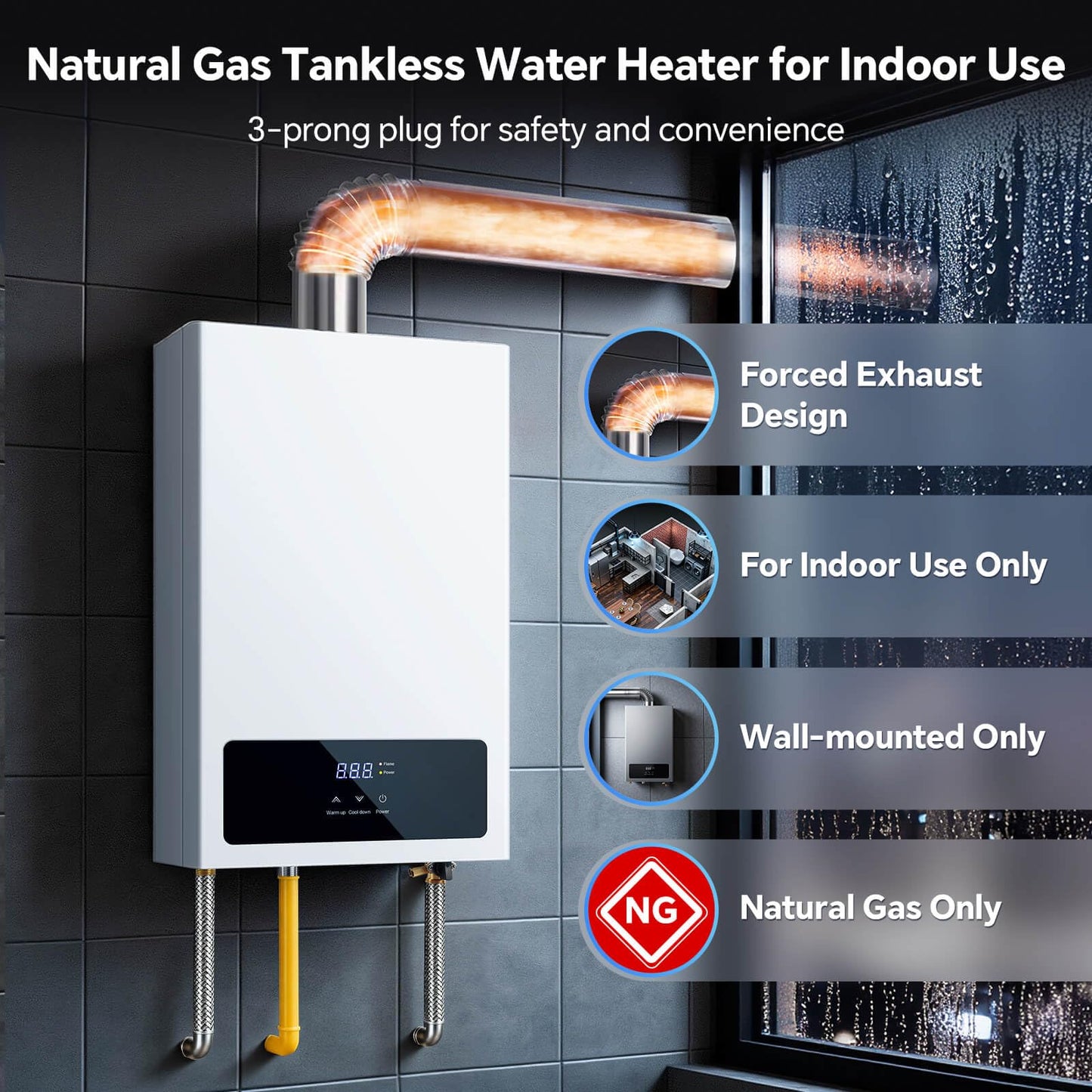 SNDOAS Natural Gas Tankless Water Heater,4.75GPM 102,000BTU Instant Hot Water Heater,18L Forced Exhaust Gas Water Heater Indoor Wall-Mount with LED Display,On Demand Water Heater for Home
