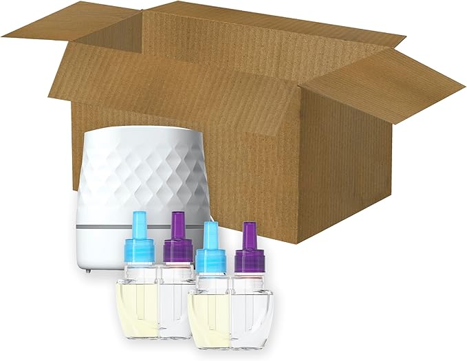 Febreze Plug Scent Booster Starter Kit, Oil Diffuser, Air Freshener Plug in, Giftable for Holidays, Continuous Scent Device + 2 Downy Calm Refills