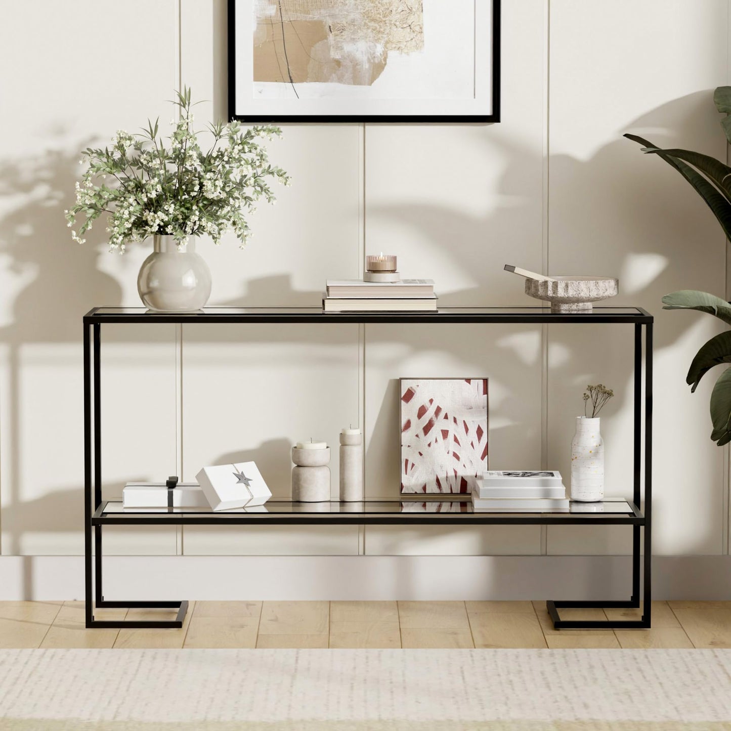 Cozy Castle 52" Console Table, 2-Tier Narrow Tempered Glass Sofa Table with Metal Frame for Living Room, Hallway, Bedroom, Black