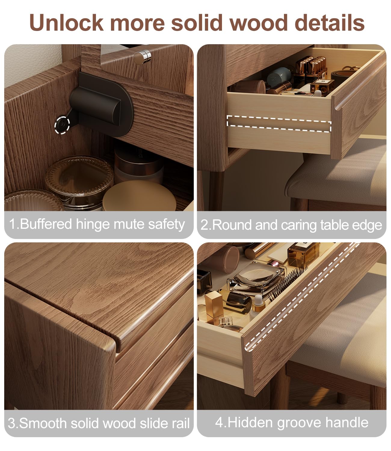 KungFuWood Wood Vanity Desk with Mirror and Lights, Dressing Vanity Table Vanity Set 4 Drawers, 40 Inch Large Make Up Vanity Table Wooden with 3 Lighting Modes Log Color (with Adapter)