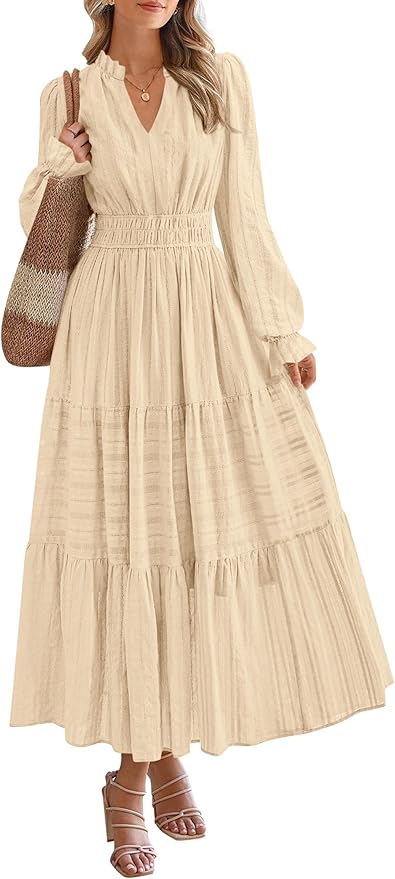 PRETTYGARDEN Women's 2026 Fall Wedding Guest Dresses Long Sleeve V Neck Flowy Elegant Holiday Party Maxi Dress with Pockets