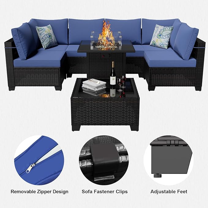 Ophelian 8 Piece Patio Furniture Set with Fire Pit Table, Wicker Outdoor Sectional Furniture, Outside Rattan Patio Couch Sets for Backyard, Garden, Deck (Brown/Blue)