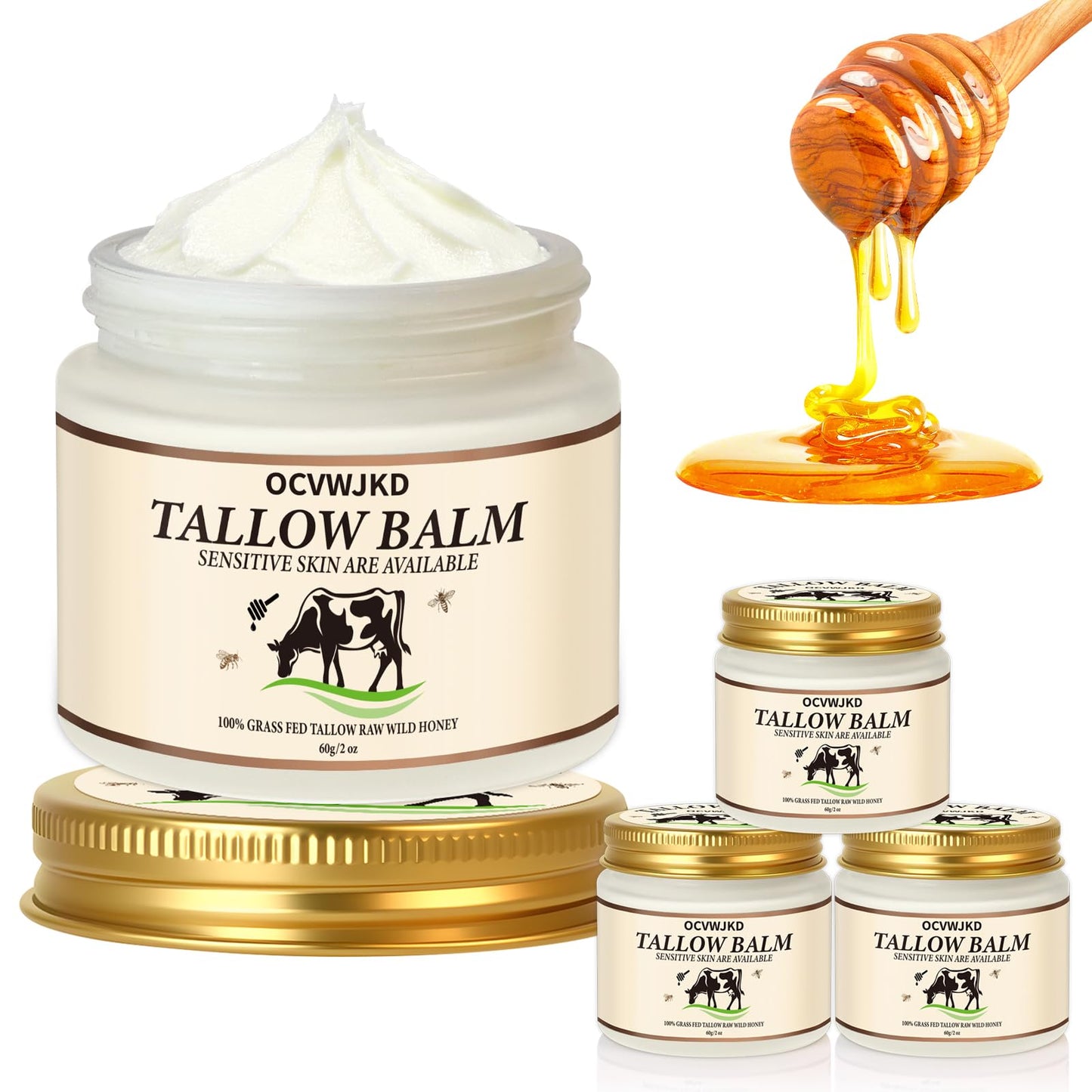 OCVWJKD Beef Tallow & Honey Balm, Beef Tallow for Skin, 3 Packs All-Natural Moisturizer Hydrates and Nourishes the Skin, Grass-F