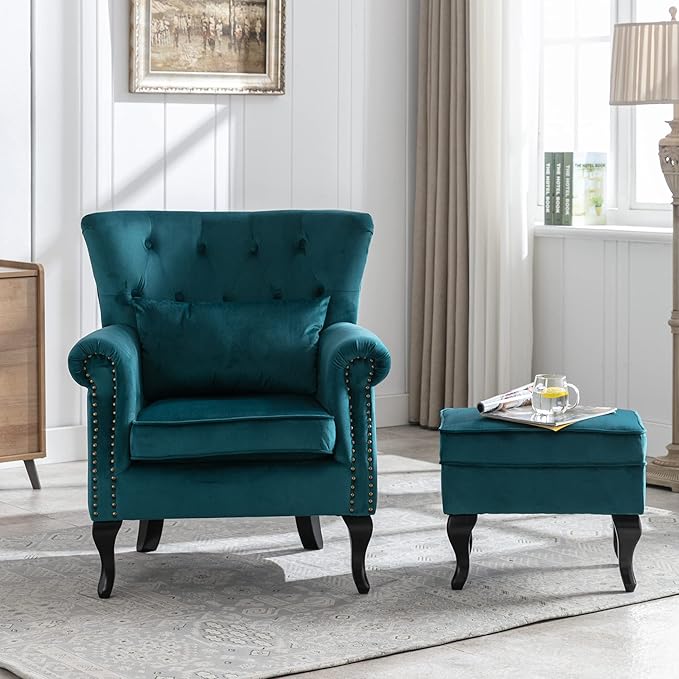 chairus Mid-Century Modern Accent Chairs with Ottoman Set of 2, Comfy Velvet Single Sofa Chair Button Tufted Wingback Armchairs with Pillow for Living Room/Bedroom/Club - Teal