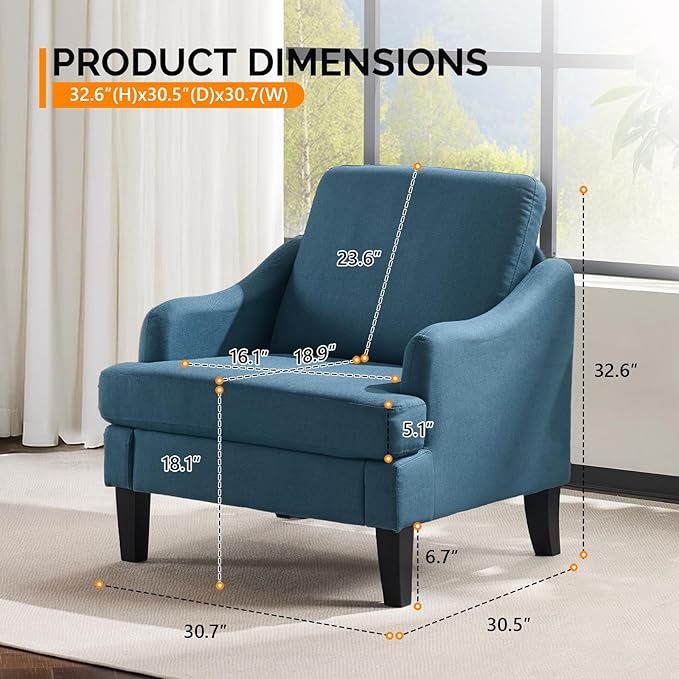 VINGLI Linen Fabric Accent Chairs Set of 2, Navy Blue Modern Upholstered Armchair, Comfy Sofa Chair Living Room Bedroom Furniture for Apartment
