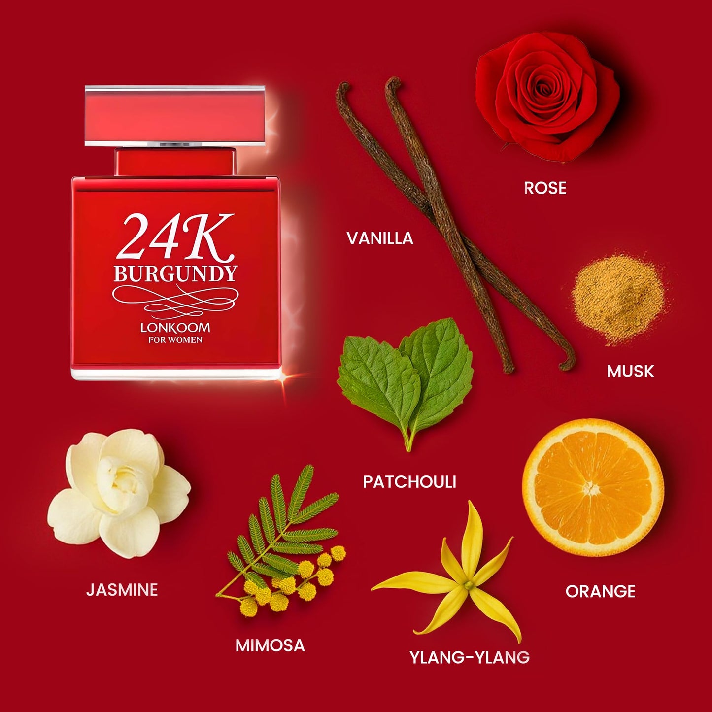 Lonkoom 24K Burgundy Perfume for Women, 3.4 Fl Oz/100ml Sweet Rose Eau de Parfum Spray Long-Lasting Fragrance, Oriental Floral Notes of Rose Orange Blossom Musk Vanilla Tangerine Bergamot Jasmine