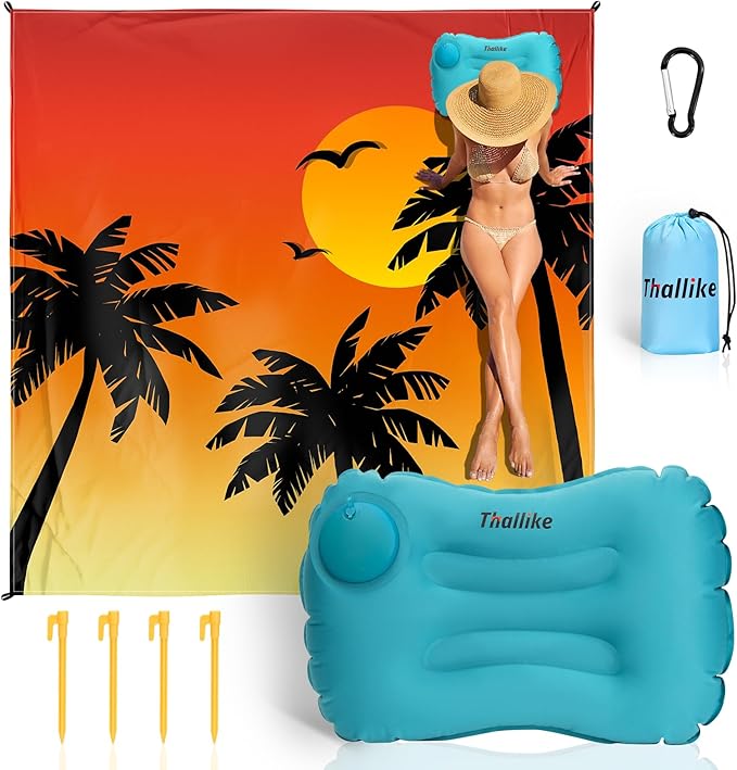 Beach Blanket, Waterproof Sandproof Beach Mat with Stakes and Inflatable Camping Pillow, 79" X 83" Quick Drying Lightweigh...