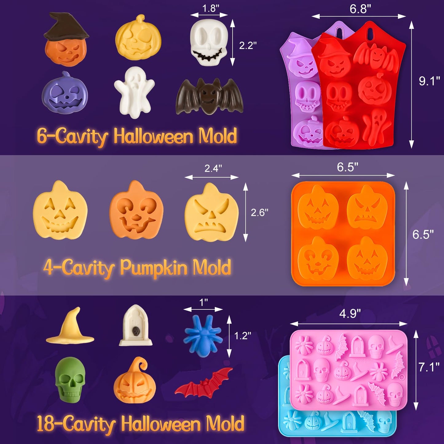 JOERSH Halloween Chocolate Silicone Molds, 5PCS Pumpkin Bat Skull Ghost Spider Shaped Cake Mold Non Stick Baking Pan for Cupcake, Muffin, Candy, Jello, Soap, Candle, Cake Decorating