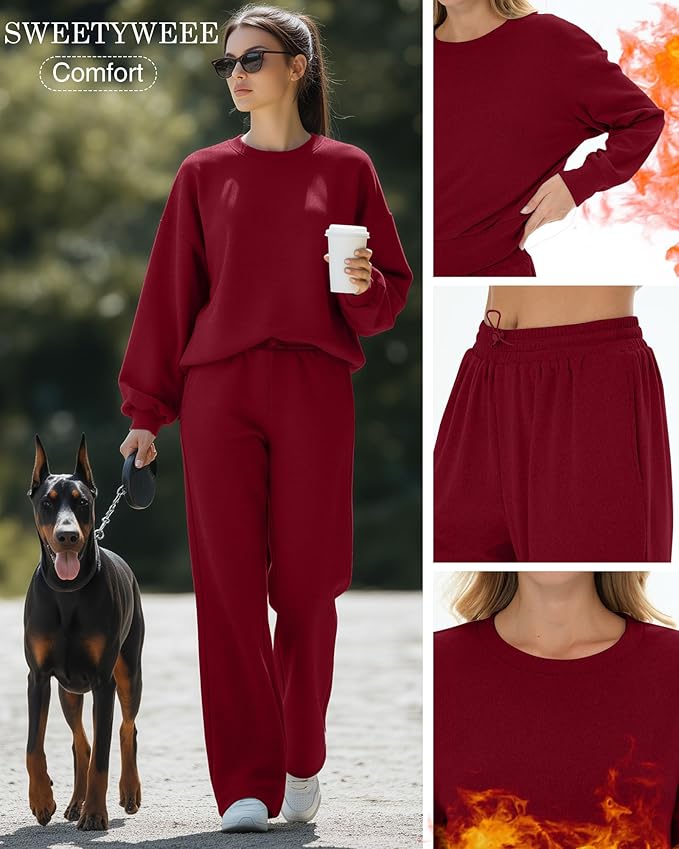 Sweetyweee Women's 2 Piece Outfits Set Fleece Lined Lounge Sweatsuit Crewneck Pullover Top Wide Leg Pants Casual Tracksuit