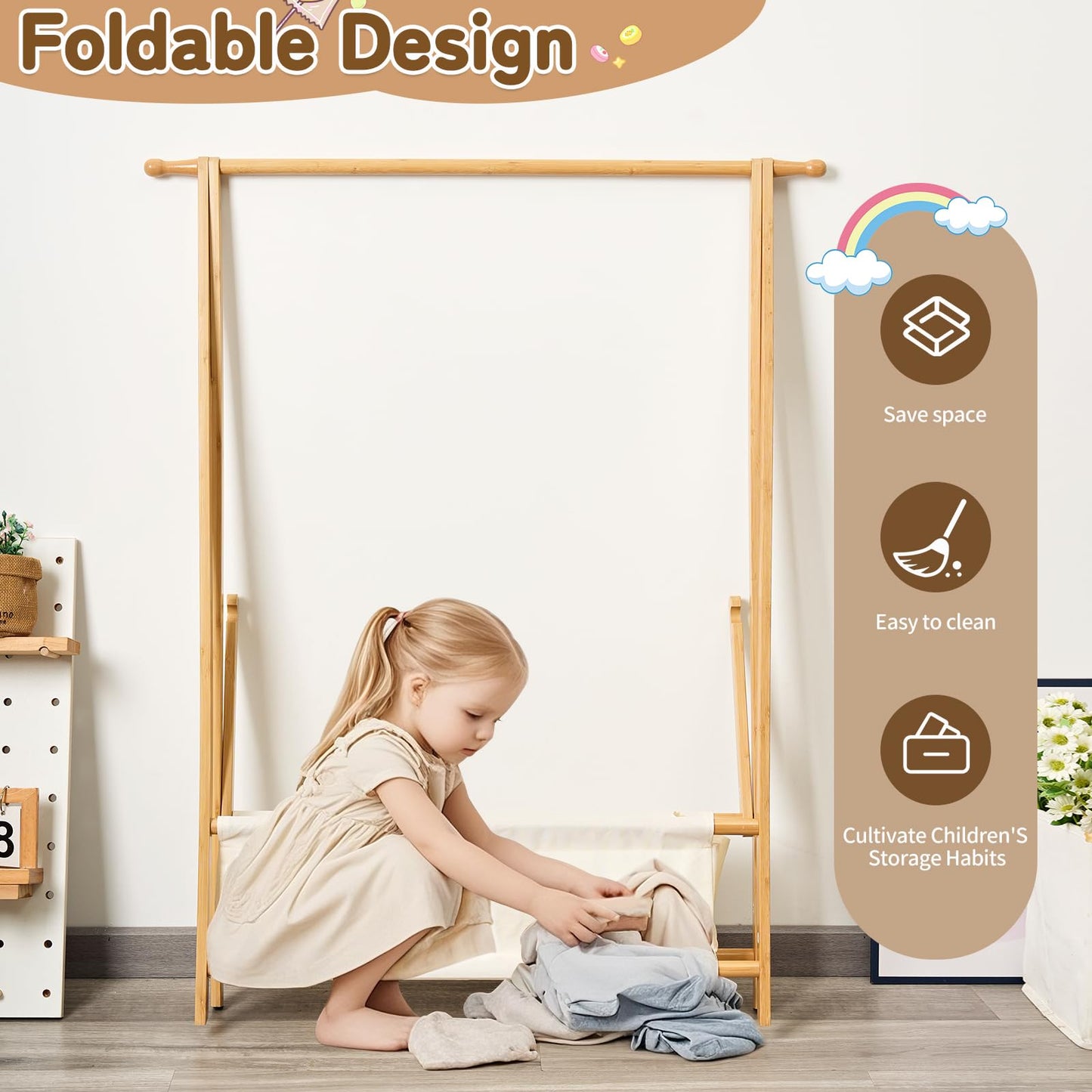 Bamboo Kids Clothing Rack with Storage Box - Foldable,Kids Dress Up Rack with Hooks & Rod, Organize Dress Up Storage & School Uniforms, Perfect for 4-13 Year Olds (Natural)