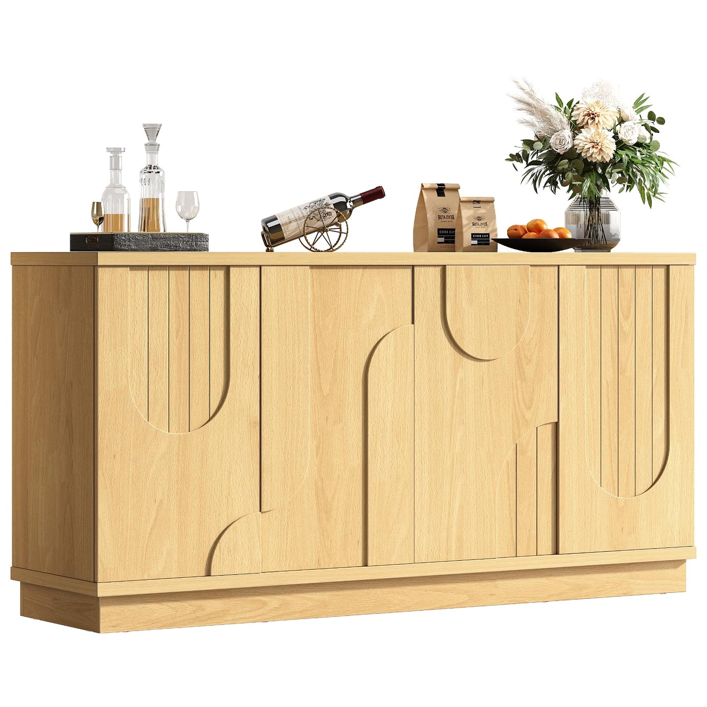ONBRILL Modern 59" Sideboard Buffet Cabinet with Storage, Arched Finish Kitchen Storage Cabinet,Coffee Bar Console Table with 4 Doors and Adjustable Shelves for Living Room, Hallway, Natural