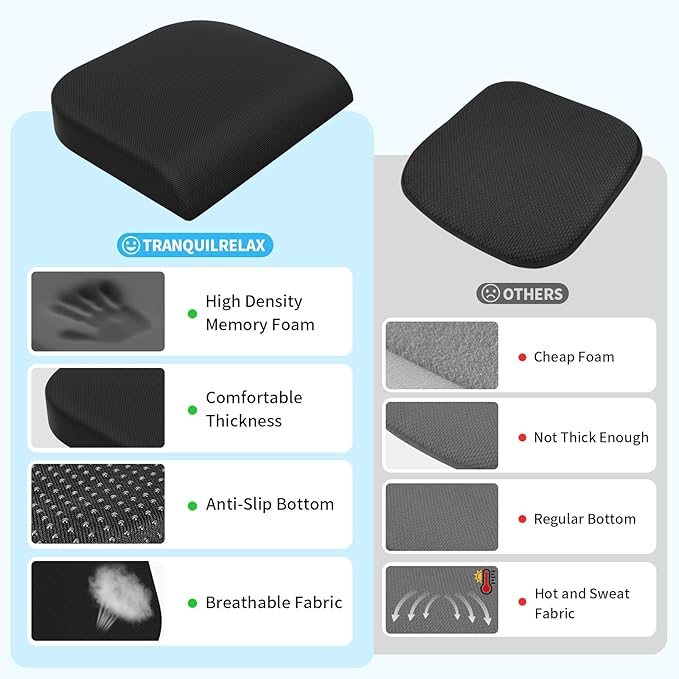 TranquilRelax Large Seat Cushion，Soft Foam Cushion for Long Sitting Hours on Office Chair, Home & Car, Non-Slip Chair Pad for Relieving Back & Sciatica & Hip & Coccyx Pain (Black)