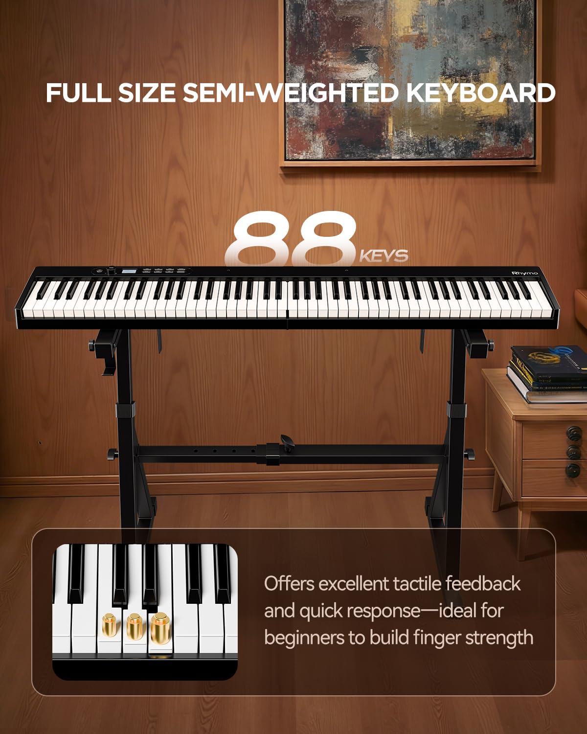 Rhymo 88 Key Portable Piano Keyboard, Semi-Weighted Folding Piano Full Size, Ultra Sound Upgrand Imitation Wood Texture Keyboard w/MIDI Bluetooth LCD Display Screen, Sustain Pedal for Beginners Adult