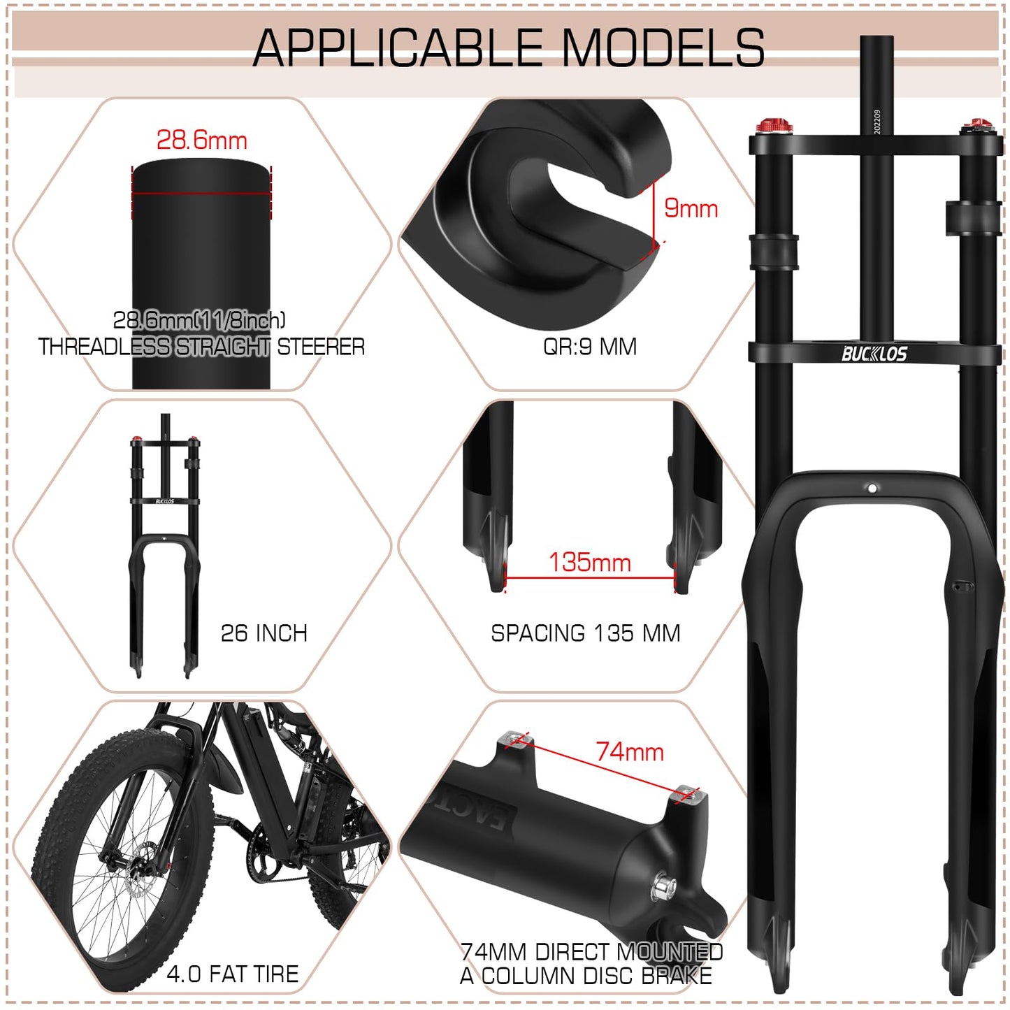BUCKLOS 26 inch 4.0 Fat Tire Electric Bike Air Suspension Fork, 180mm Travel Spacing Hub 135mm 1 1/8 Straight Tube MTB Manual Lockout 9mm QR Mountain Bike Double Shoulder Ebike Front Forks
