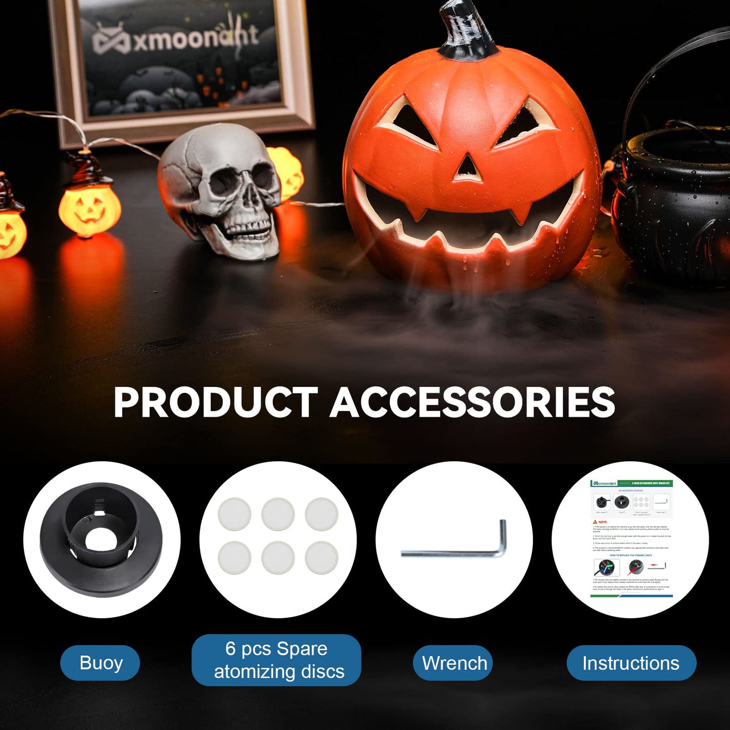 Mxmoonant 3 Head Ultrasonic Mist Maker LED Pond Fogger 1500ml/H Halloween Mister with 6 Ceramic Discs for Water Pond Aquarium Rockery Sink Black Plastic