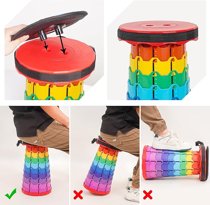 FXKS 2 Pack Portable Telescoping Stools Collapsible Stool with Cushion,Retractable Foldingstool Max Load Capacity 400lbs, Portable Collapsible Stools for Camping Hiking Outdoor BBQ Rainbow-Red