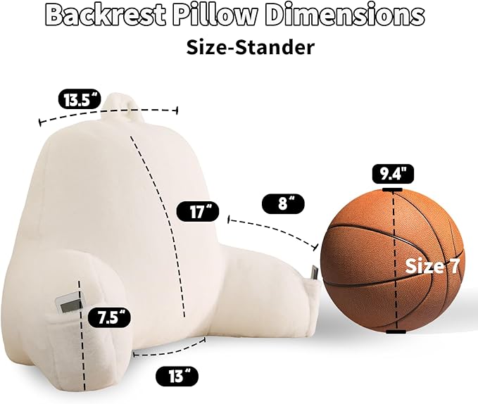 PAJEO Reading Pillow for Sitting in Bed, Large Backrest Reading Pillow with Arm Rest,Back-Rest Support Cushion for Sit Up on Couch, Sofa, and Floor, Dorm Essentials (White Faux Fur, Standard(17"))