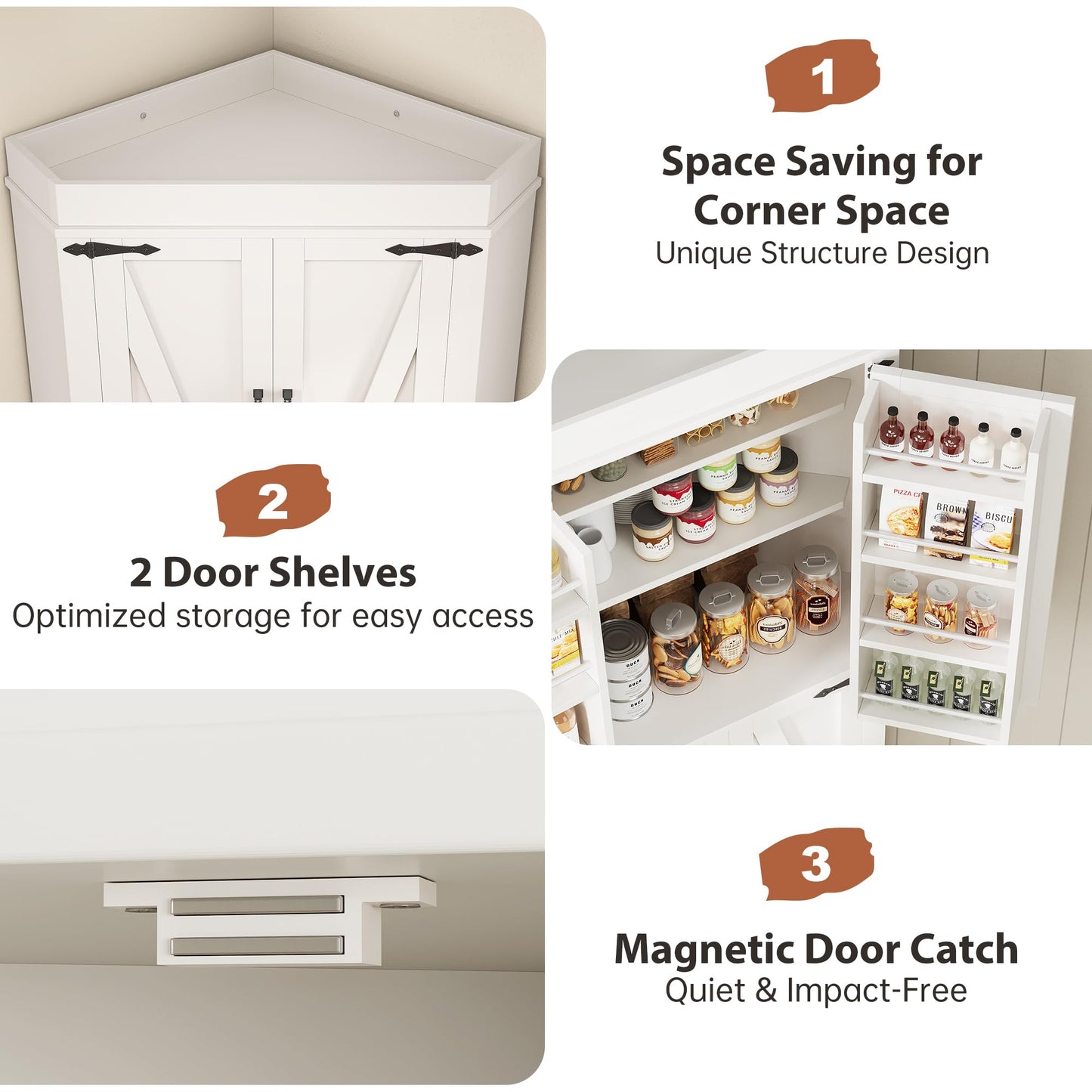 Jocoevol Corner Cabinet, Kitchen Pantry Storage Cabinet with 4 Doors and Shelves, Tall Food Pantry Storage Cabinet Farmhouse Furniture for Kitchen Dining Room, White