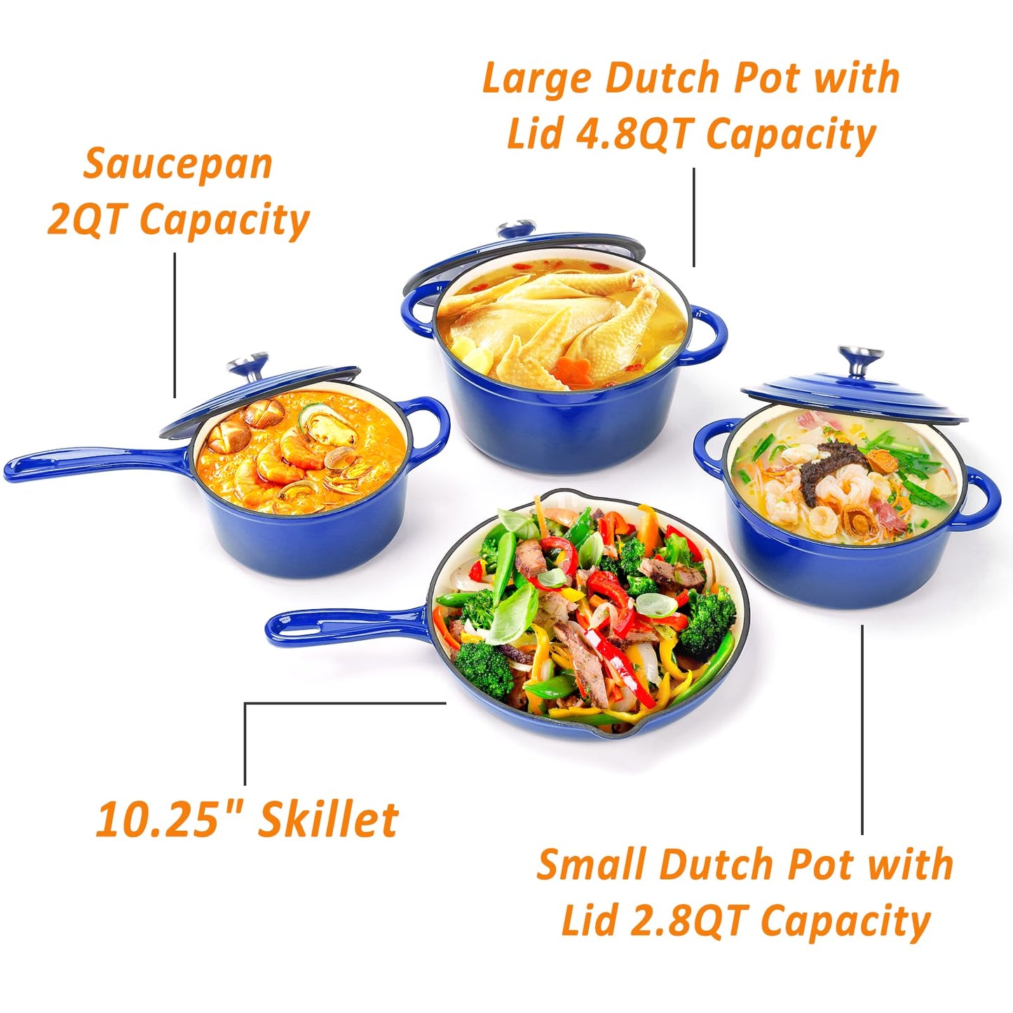 Hisencn 7-Piece Enameled Cast Iron Cookware Set-Dutch Ovens, Skillet & Saucepan with Lids- Ceramic Coated, Heavy Duty, Gas/Induction Compatible, Oven Safe to 550°F, PFOA-Free, Cobalt Blue