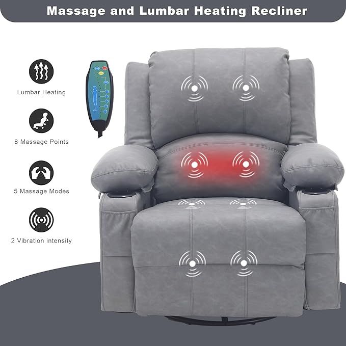 Comermax Massage Recliner Chair with Heat, 360° Swivel Rocker Recliner Chair with Cup Holders, 150° Recline PU Leather Recliner for Living Room,Grey