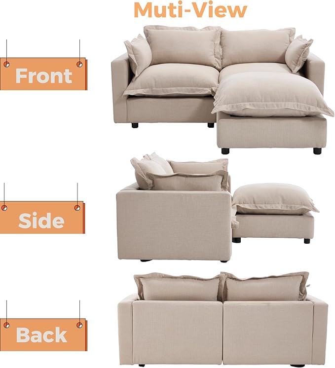 chairus 68" Love-Seat Sofa with Movable Ottoman Upholstered Linen Deep Seat Couch with Pillow Modular Oversized Couch Sleeper for Living Room, Bedroom, Reception Room, Apartment, 2-Seater/Oatmeal