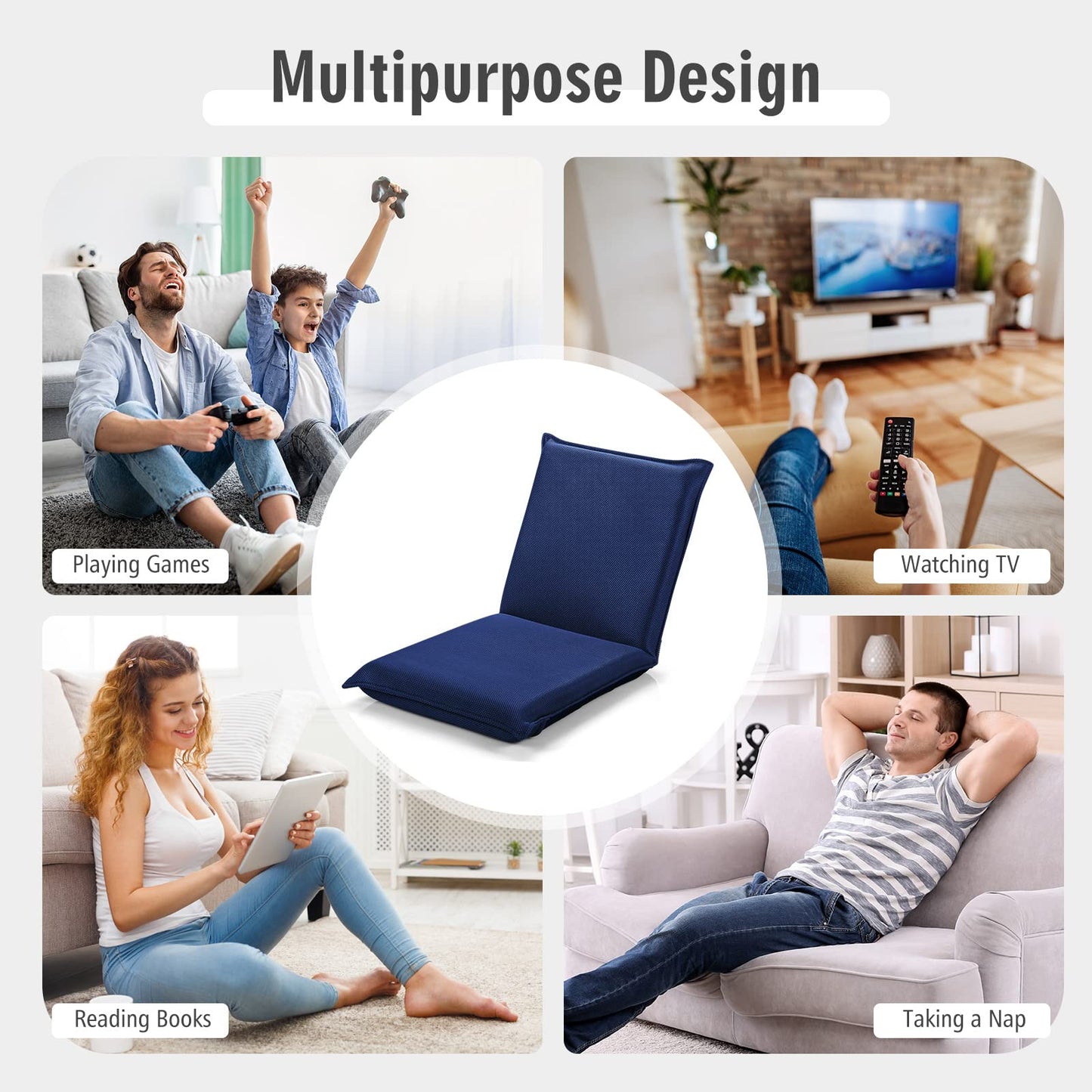 MAT EXPERT Adjustable Floor Chair, 6-Position Mesh Floor Gaming Chair, Folding Lazy Sofa Padded Lounger Recliner, Cushioned Floor Chair with Back Support for Reading, Meditating (Navy Blue)