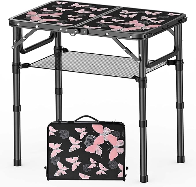 YihuiKo Small Camping Table, Vintage French Butterflies Pattern Folding Table, Adjustable Height, Lightweight & Portable O...