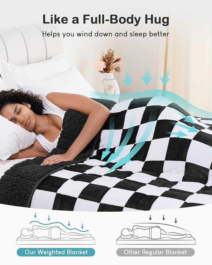 Weighted Blanket for Adults, 20lbs Sherpa Flannel Weighted Blanket Queen Size, Soft Fluffy Fleece Checkerboard Weighted Blankets for Calming and Relax, Plaid Black, 60" x 80"
