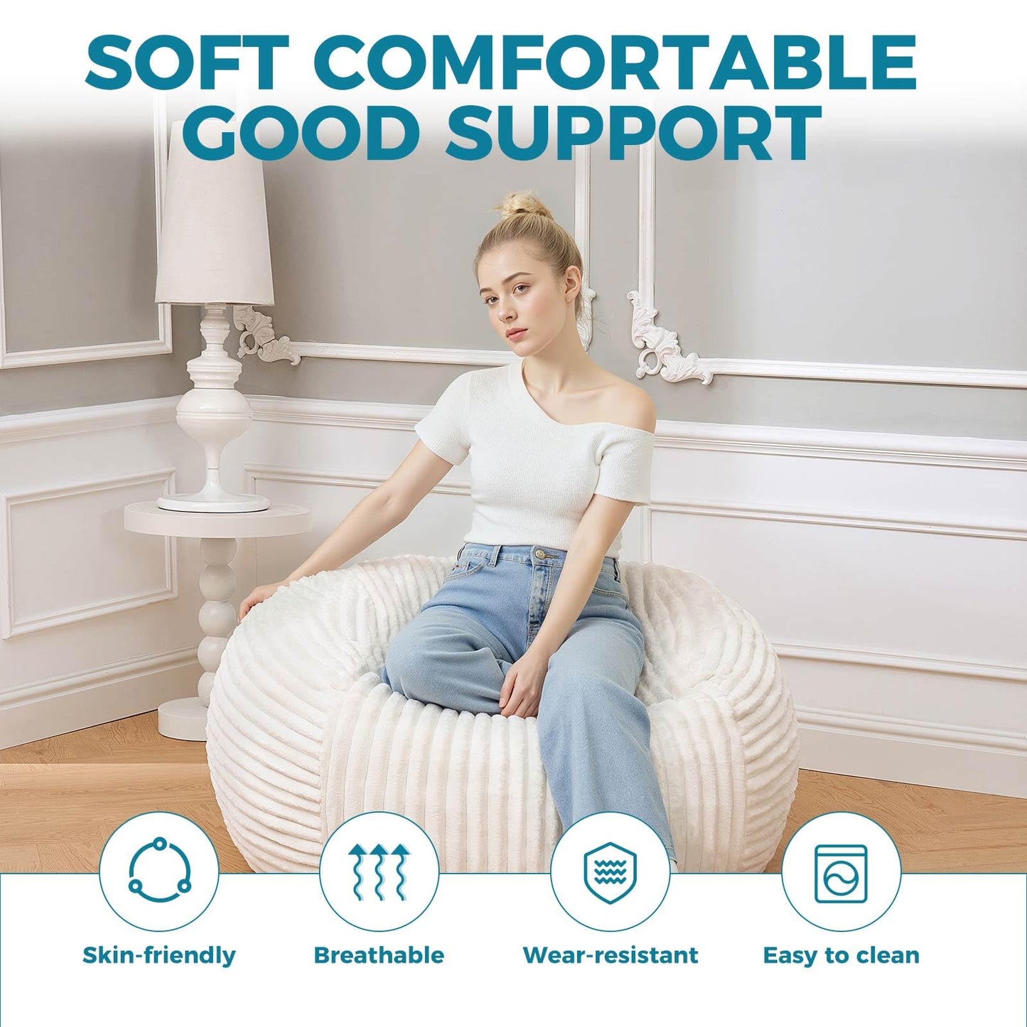 Bean Bag Chairs for Adults，Bean Bag Chair with Filler Included，Detachable and Washable Flannel Cover, Round Fluffy Sofa Chair Filled with Memory Foam, Suitable for Gaming, Bedroom (Off-White)