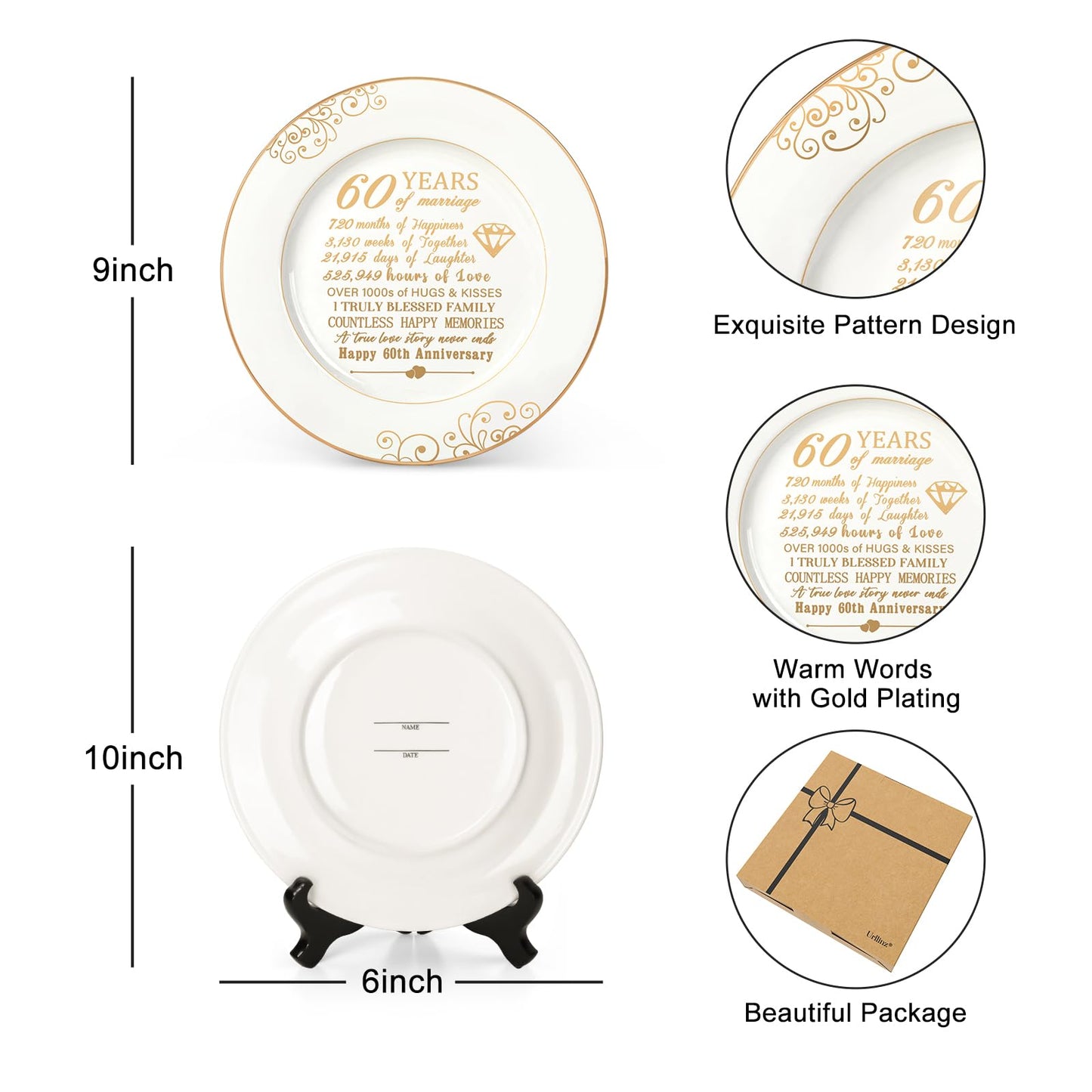 Urllinz 60th Anniversaty Plate with 24k Gold Foil - 60 Year Diamond Anniversary Wedding Gifts for Parents Couple Grandparents, Ceramic 9"