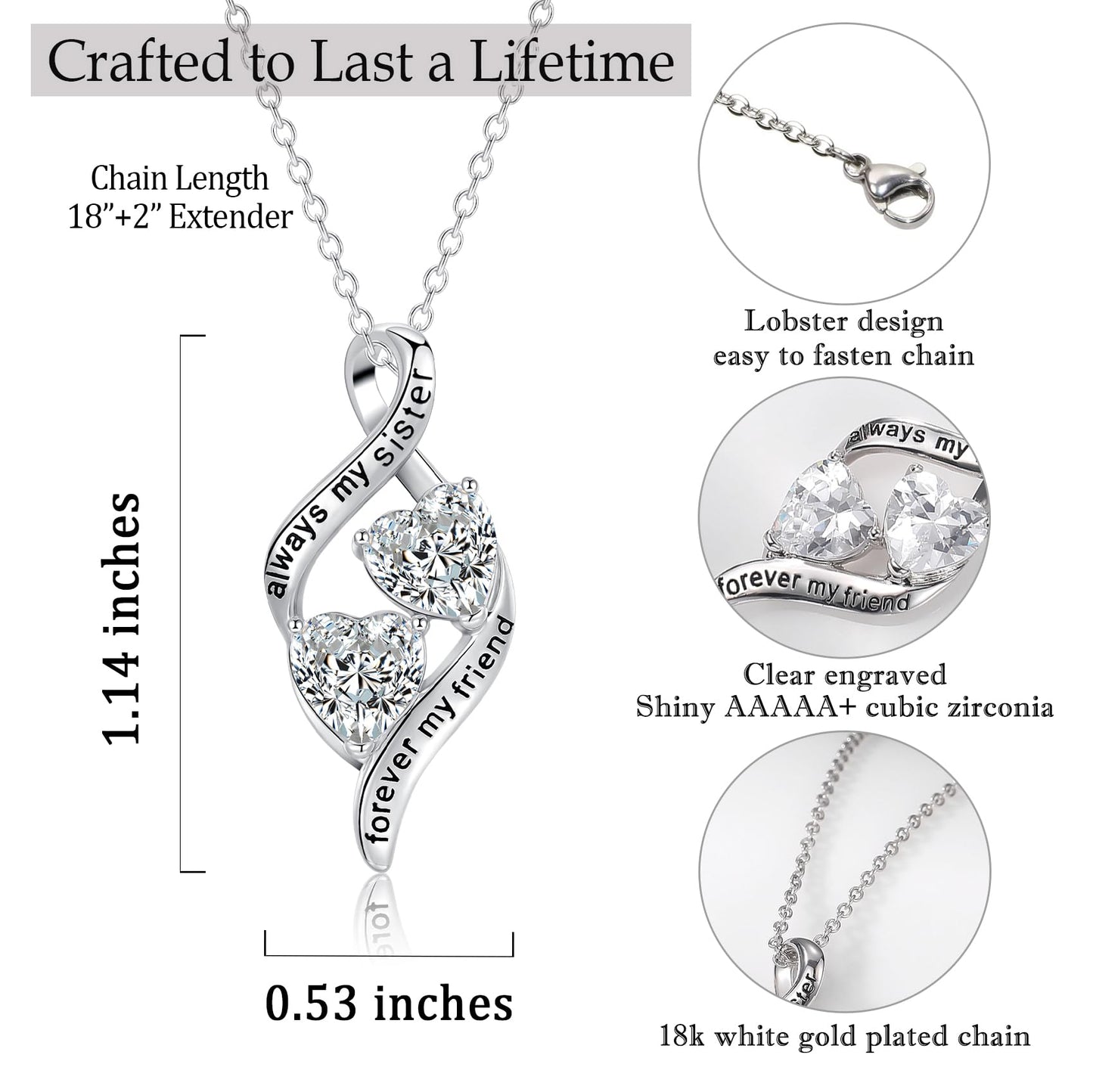 PODLEV Sister Gifts from Sisters Brother, Silver Infinity Double Heart Cubic Zirconia Pendant Charm Necklace for Gifts Women, Birthday Anniversary Graduation Christmas Jewelry Present To My Sister