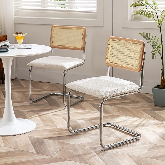 Zesthouse Rattan Dining Chairs Set of 6, Mid Century Modern Dining Room Chairs with Natural Cane Mesh & Chrome Base, White Cesca Chair Boucle Fabric, Farmhouse Kitchen Chair with Solid Wood Frame Back