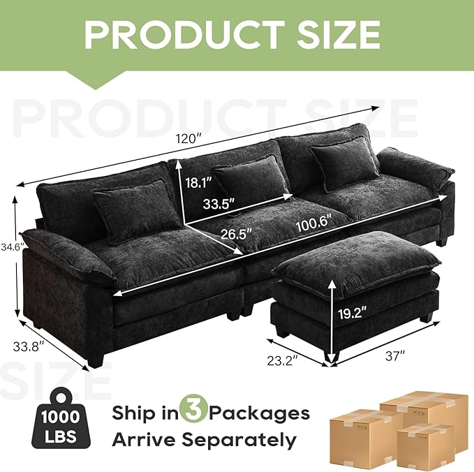 Oprisen 120" Modular Sectional Sofa, Comfy Cloud Couch Sectional Sofa with Ottoman, Chenille Sofa Sleeper Deep Seat Sofa with Throw Pillows for Living Room (Black, 120"- L Shape)
