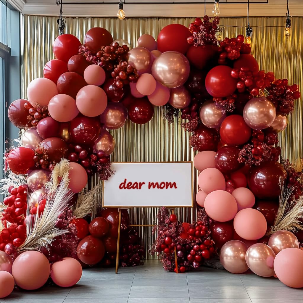 Red Pink Balloon Garland Double Stuffed Burgundy Gold Balloons Dark Red Dusty Pink Gold Balloon Arch Kit for Bridal Shower Wedding Birthday Girl's or Mom's Party Decoration