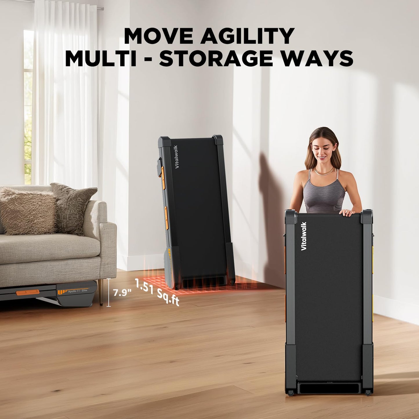 Vitalwalk Walking Pad Treadmill with Incline, Full Deck 15% Auto Incline, Portable Under Desk Treadmills for Home Office, 350LBS, 3.0HP Brushless, 4-Way Move & Vertical Storage, Ambient Light, 40"x16"