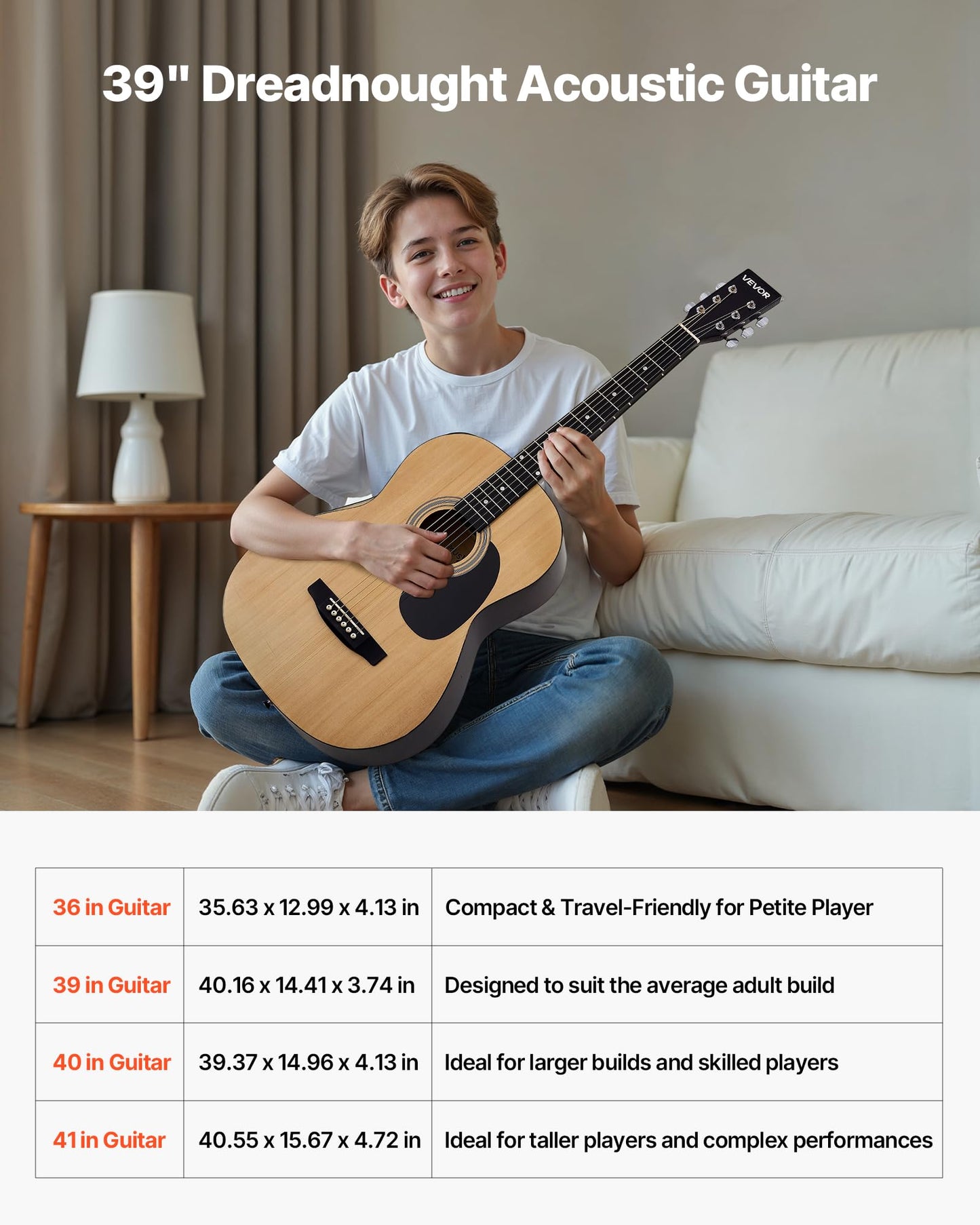 Vevor Dreadnought Acoustic Guitar, 39 In, 6-String Natural Solid Spruce Top Guitar, Portable Bundle With Gig Bag, Tuner, Strap,