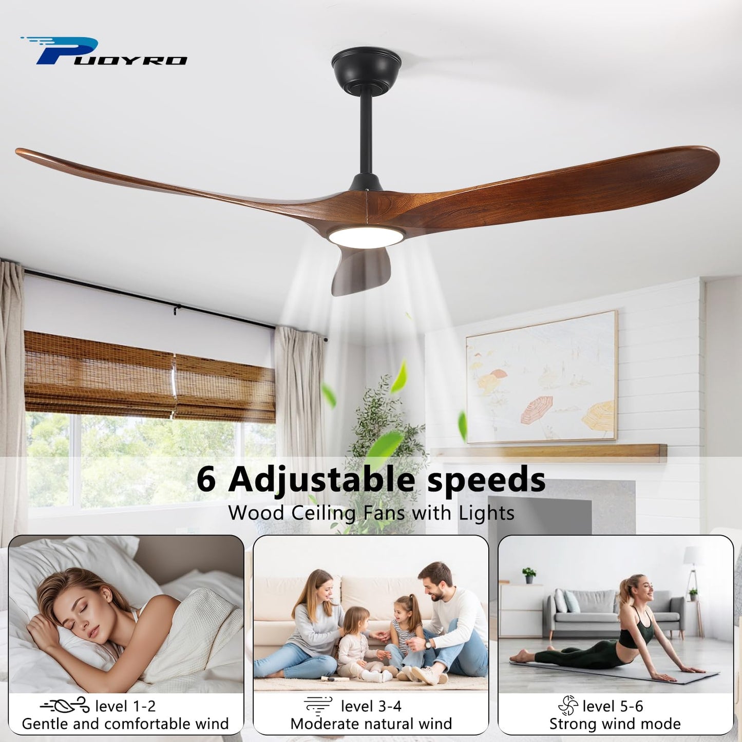 72" Ceiling Fan with Light and Remote, 6-Speed Dimmable Outdoor Ceiling Fan, High CFM Quiet 3 Blade Wood Ceiling Fan, Puoyro Modern Propeller Ceiling Fan for Outdoor Indoor Living Patio Porch (Walnut)