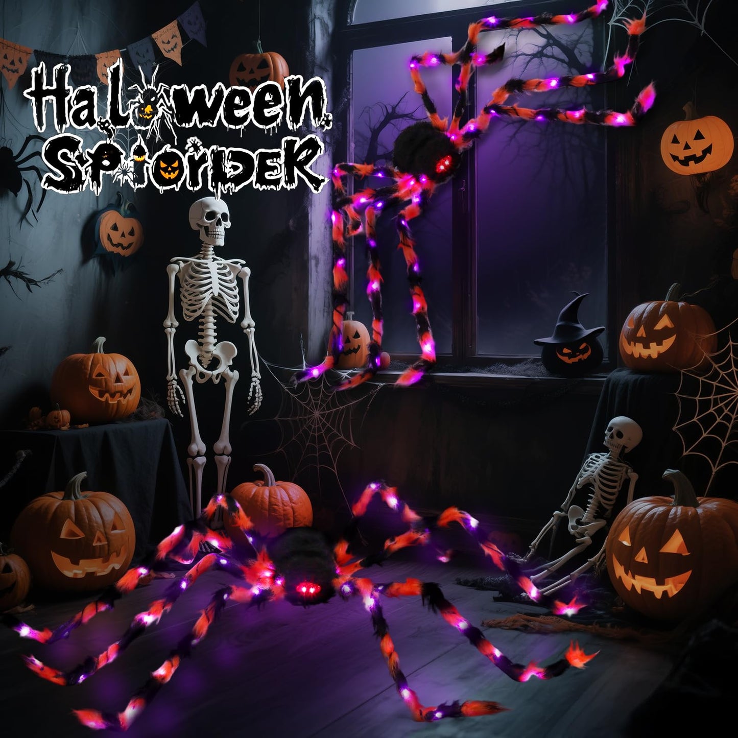 Halloween Decorations,4.5 ft Halloween Spider,Giant Spider,Haunted House Decorations,5.7ft Spider Web,58 LED Lights,8 Lighting Modes,8 Wall Mounted Traceless Adhesives,Battery Operated